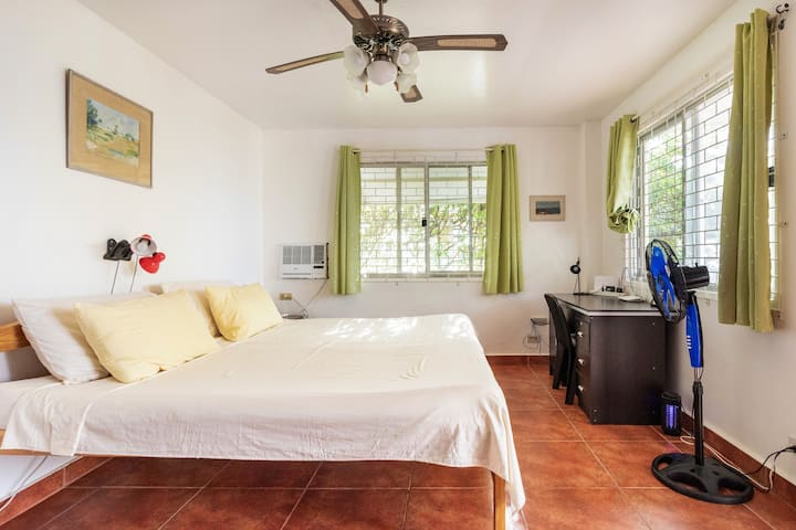 15 m2 / 160 square feet master bedroom.
Low noise LG aircon.
Working desk with PLDT FIBER and a PLDT
prepaid in an emergency as standby.
Thick curtains blocks out light.
Desk and bed lamps.
Ceiling and stand fans.
Bed tables.