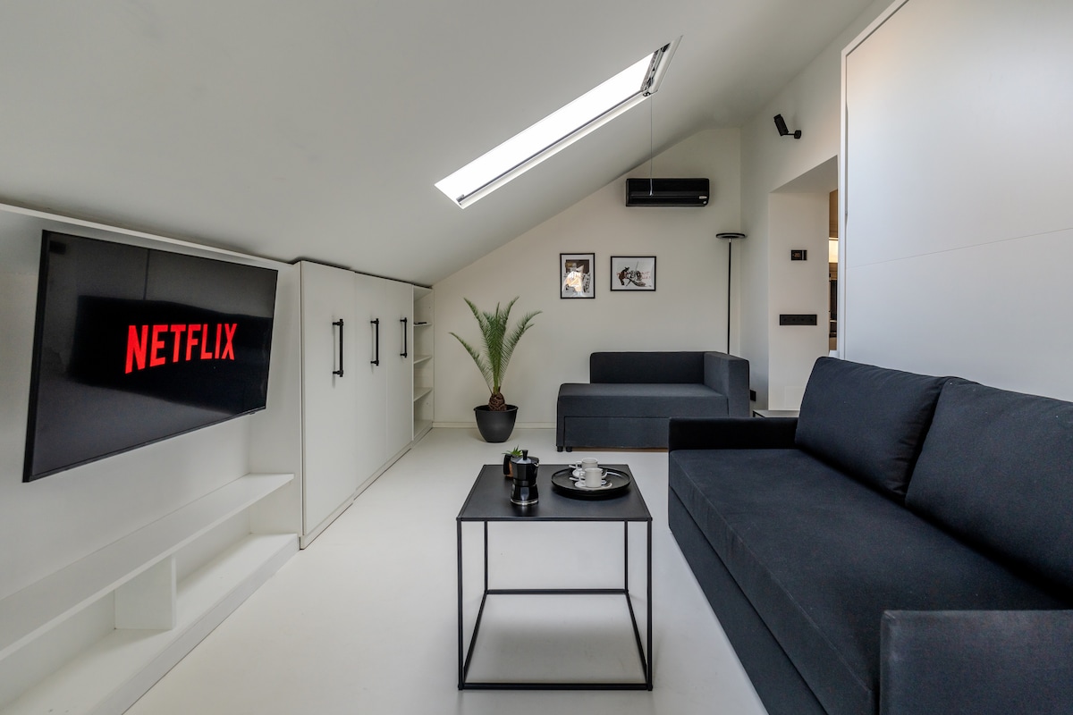 A modern living area features a large wall-mounted TV displaying a Netflix logo. Two dark sofas are arranged around a sleek black coffee table. Light enters through a skylight, complemented by a potted plant positioned in the corner.