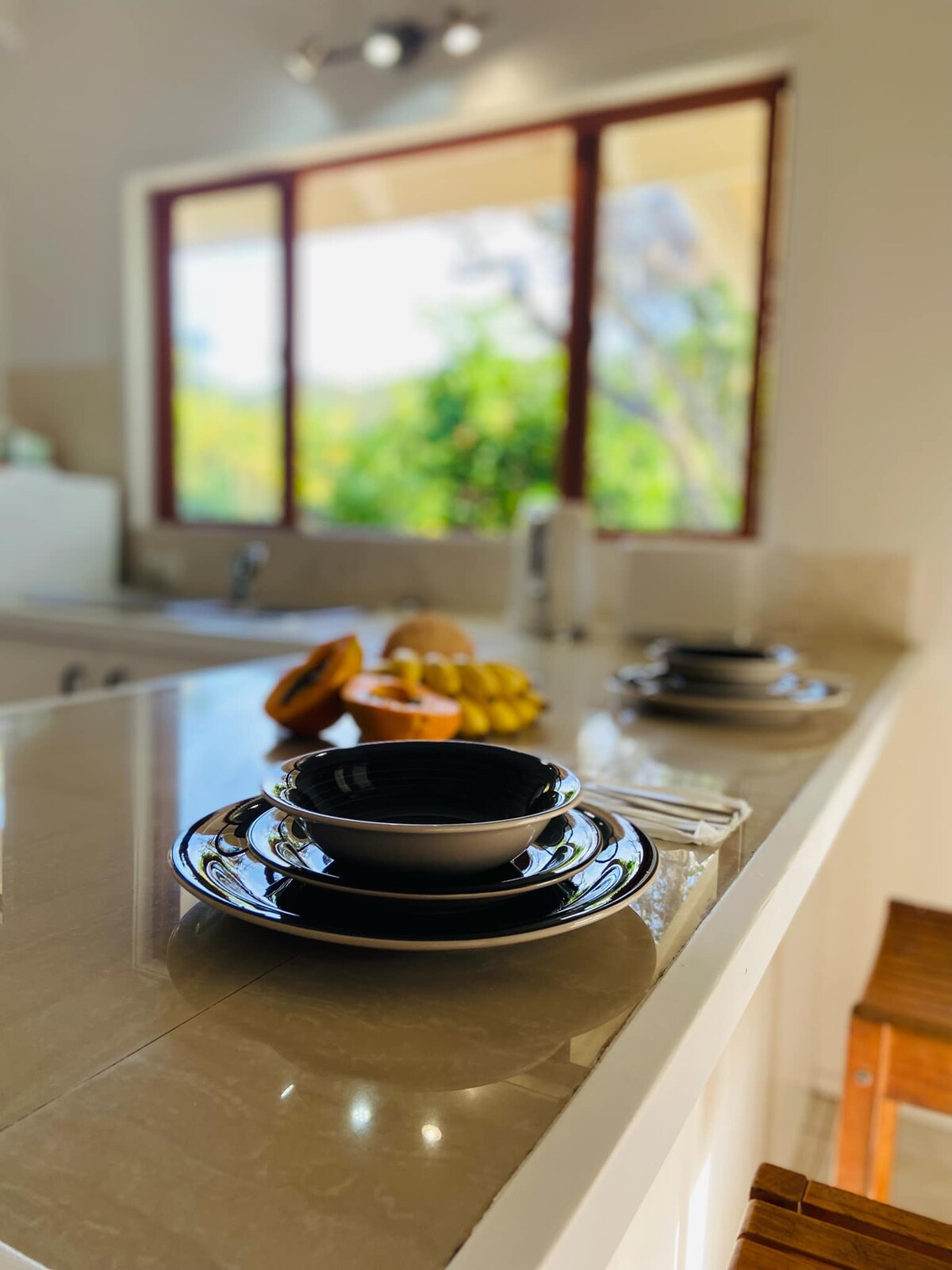 A modern kitchen counter is displayed with a set of black dinnerware, including plates and bowls. Fresh fruits are arranged in the background, complementing the natural light coming through large windows that provide a view of the lush greenery outside.