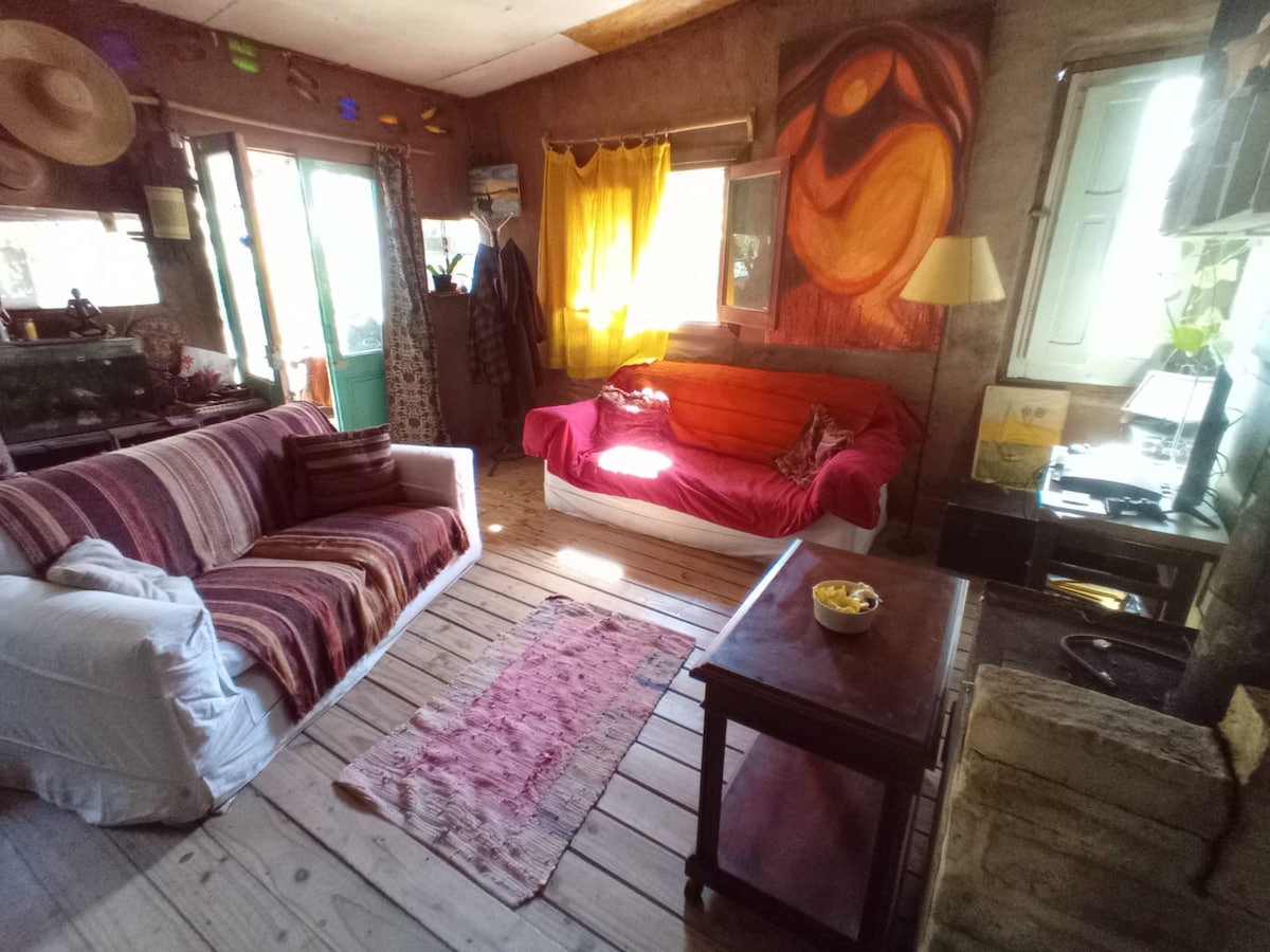 A cozy living area features two sofas, one covered in a striped fabric and the other in bright red. Natural light enters through large windows adorned with vibrant curtains. A wooden coffee table sits in front, accompanied by a colorful rug on the wooden floor.
