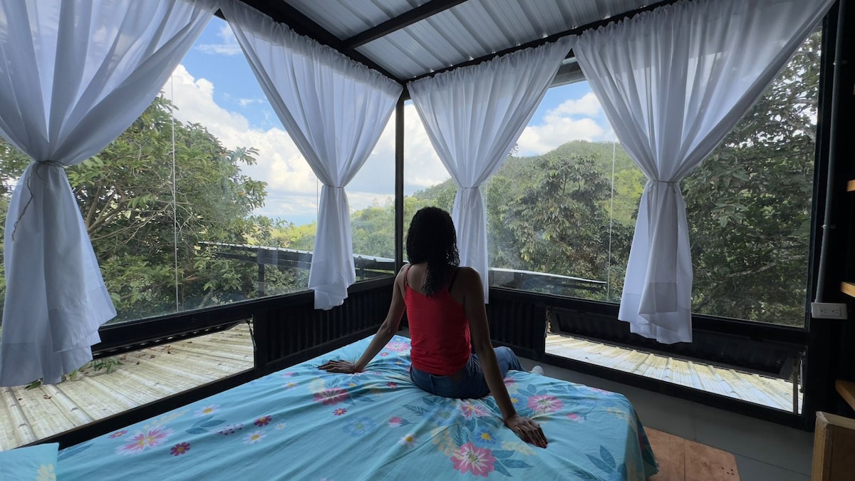 A bright sleeping area features a spacious bed draped in a light blue coverlet, complemented by sheer white curtains framing large windows. A serene view of nature is visible through the glass, with lush greenery and distant hills creating a calming backdrop.