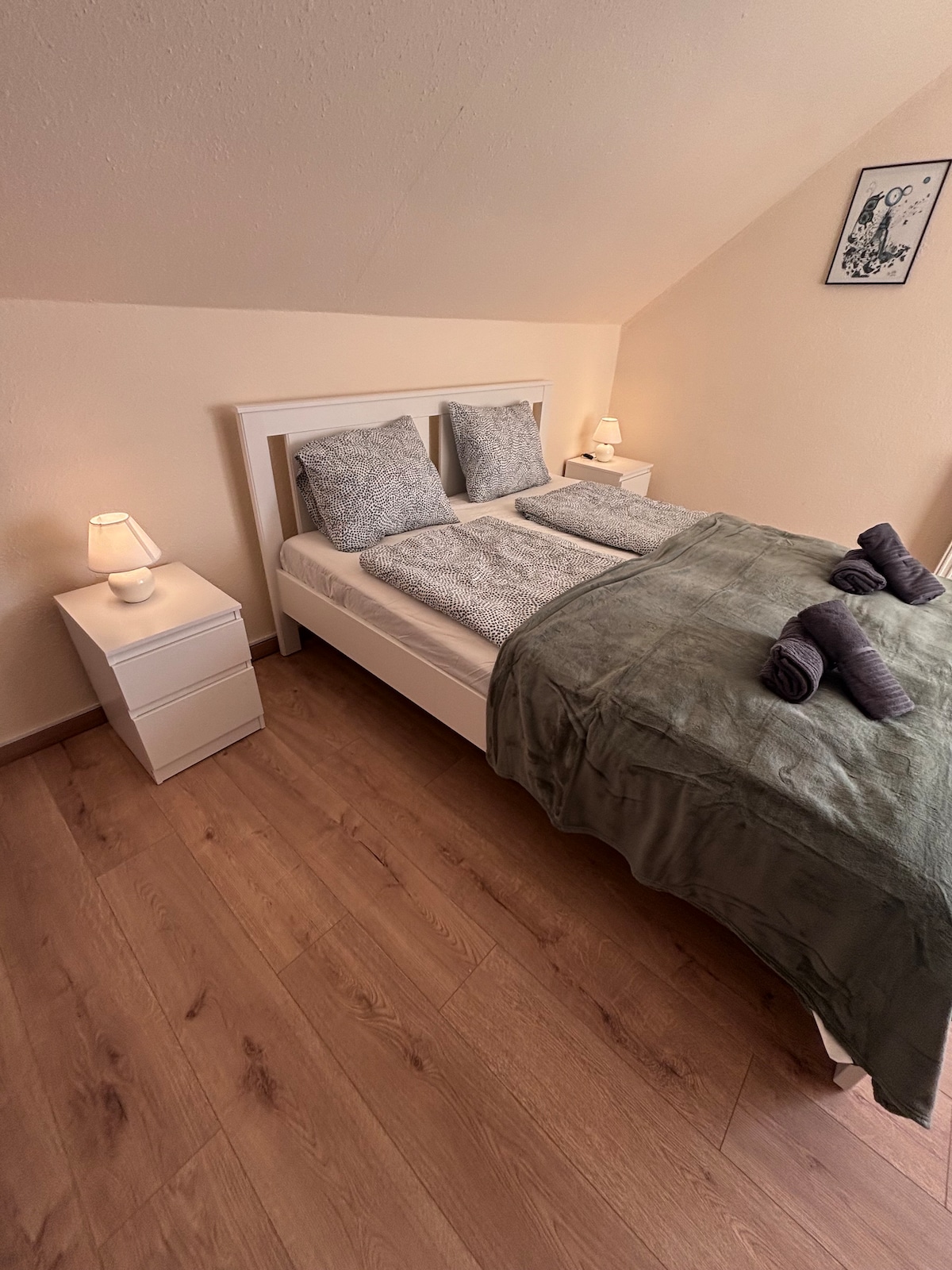 A neatly arranged sleeping area features a spacious bed adorned with a soft green throw and multiple pillows. Flanking the bed are two bedside tables, each topped with a small lamp. Natural wood flooring complements the light-coloured walls, enhancing the room's modern feel.