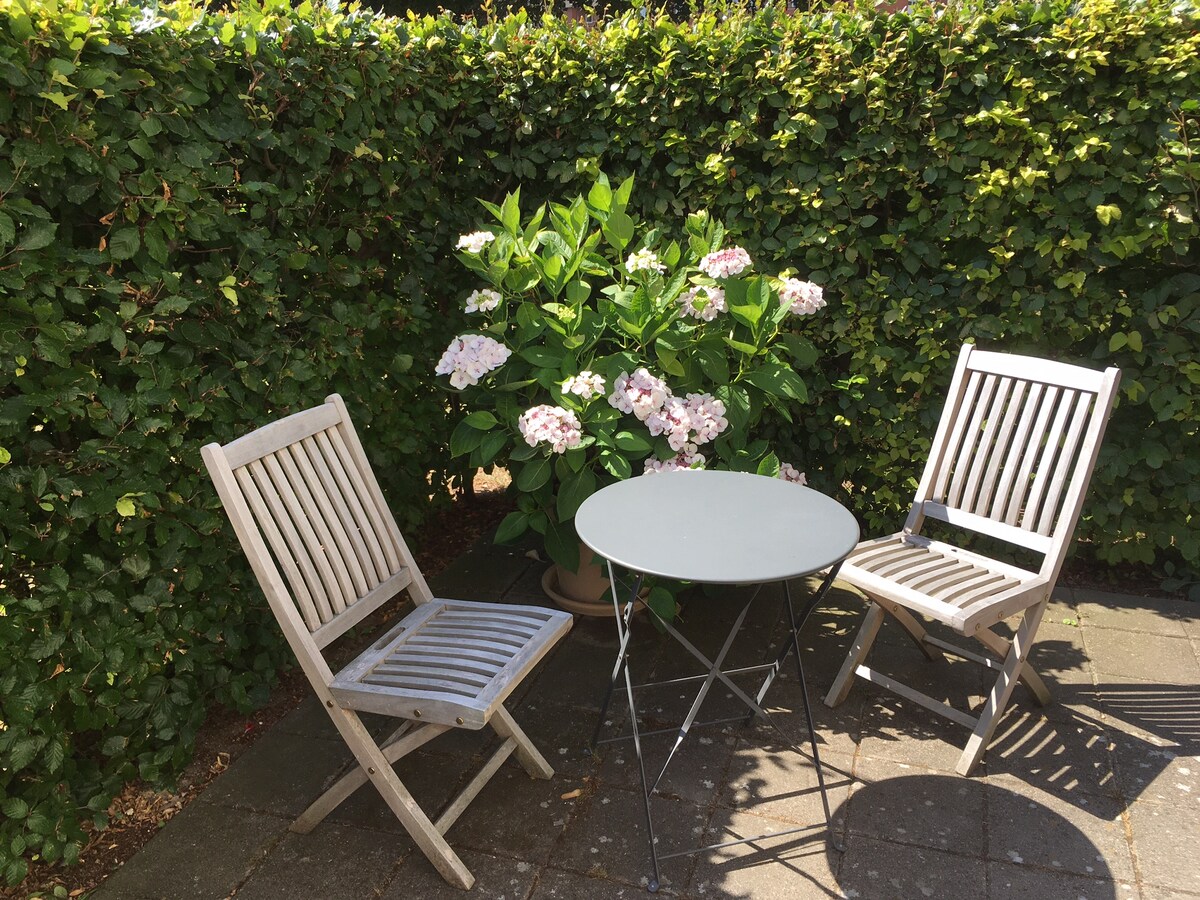 A small outdoor seating area is featured, consisting of two wooden chairs positioned around a round table. A lush green hedge surrounds the space, while a potted plant with pink flowers adds a touch of color to the setting.