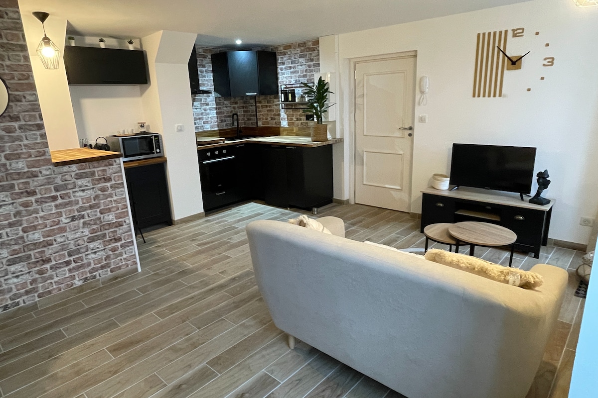 The living area features a cozy two-seat sofa facing a coffee table, with a television on a stand beside it. A small kitchen is visible, equipped with modern appliances. The brick accent wall adds texture, and natural light illuminates the space.