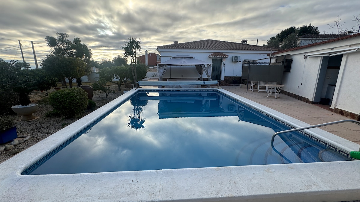 A tranquil private pool is surrounded by a tiled patio, reflecting the sky above. Lush greenery is visible in the background, with palm trees and well-maintained shrubs adding to the outdoor setting. Comfortable lounge furniture is positioned nearby for relaxation.