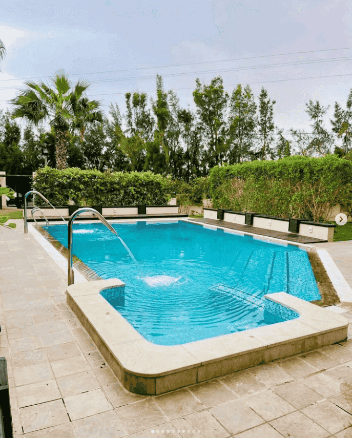 A tranquil pool area is framed by lush greenery and palm trees. The pool's clear water reflects the sky, with gentle ripples evident on the surface. Smooth stone tiles surround the pool, complementing the serene outdoor setting.