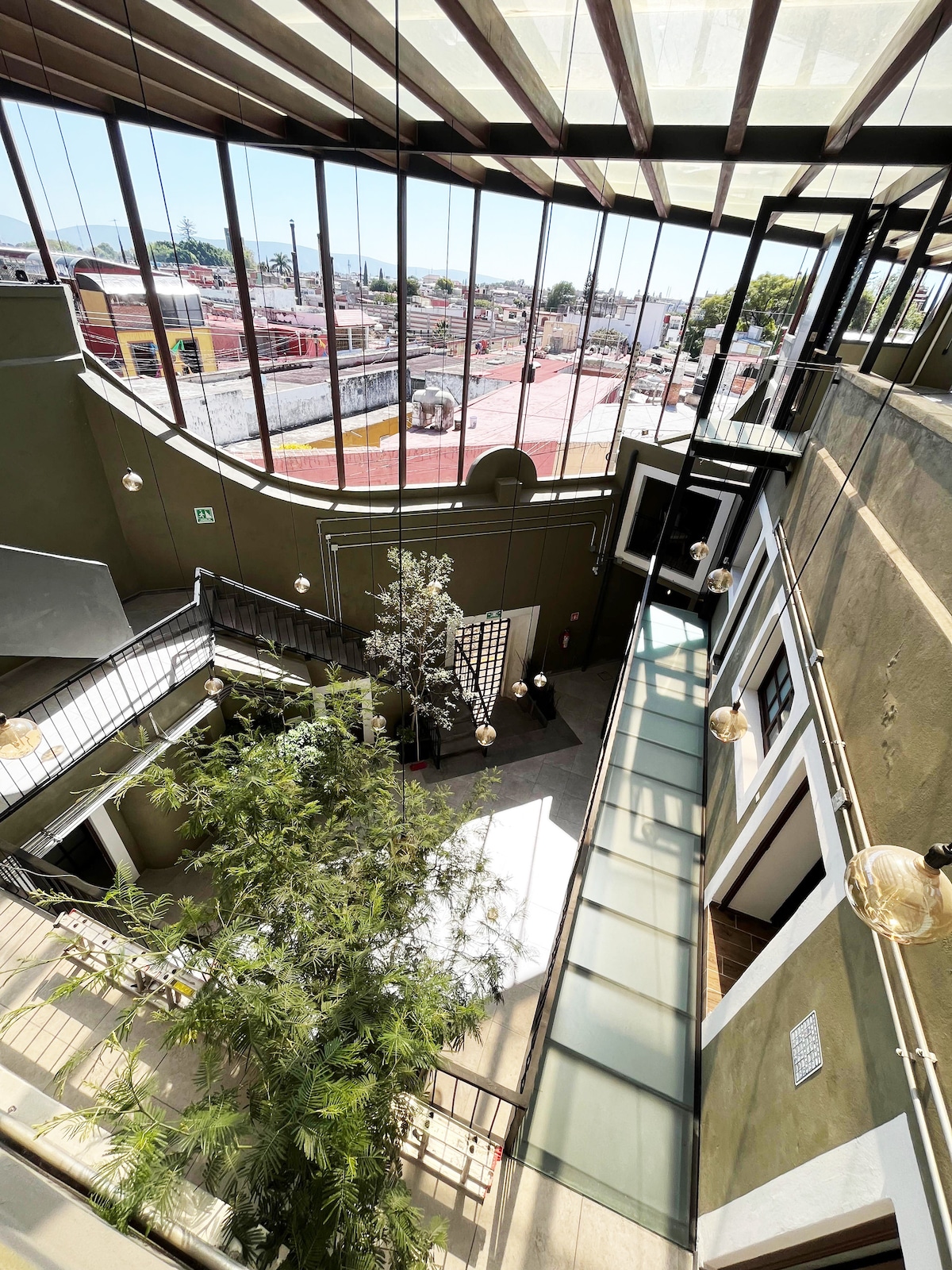 An open atrium features a central green plant, surrounded by modern light fixtures and large windows that create an airy atmosphere. The multi-level space showcases a blend of indoor and outdoor elements, with views of the city rooftops visible through the glass structure.