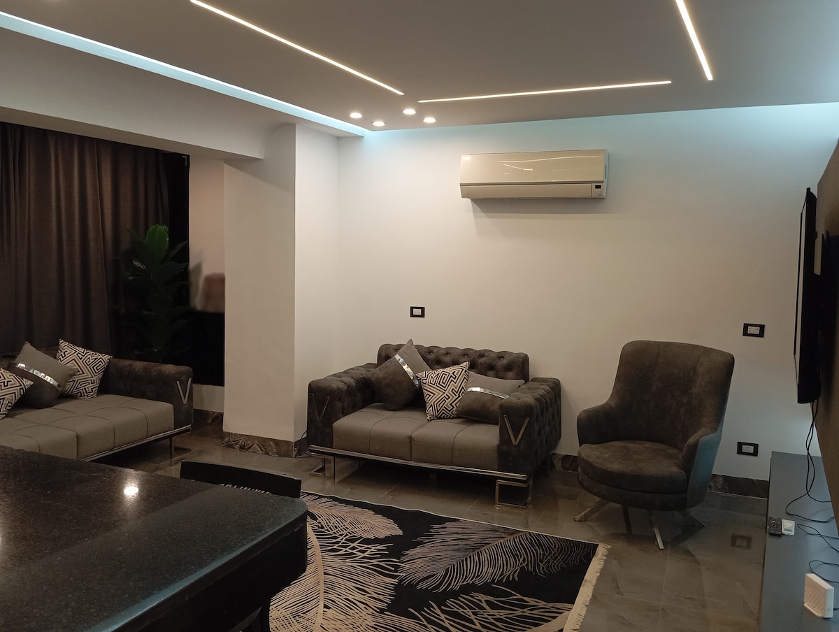 A modern living area features a sleek, dark sofa and an armchair, both with decorative cushions. A dark rug with a subtle pattern is placed on the polished floor. Air conditioning is mounted on the wall, and deep curtains frame a window, allowing for a comfortable ambiance.