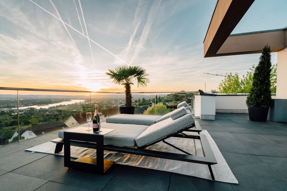A spacious outdoor terrace features modern lounge chairs positioned to capture views of the breathtaking sunset over the river. A palm plant adds a touch of greenery, while the floor is adorned with stylish tiles, creating an inviting atmosphere for relaxation.