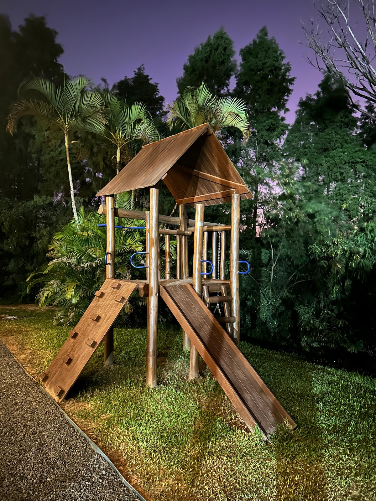 The playground structure is constructed of wood, featuring a platform, slide, and climbing bars. Surrounded by lush greenery and trees, it provides a fun and safe environment for children to play. The scene is softly illuminated, creating a calm atmosphere.