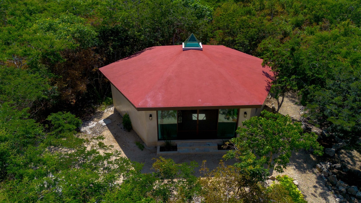 An aerial view of an octagonal cabin with a distinctive red roof is surrounded by lush greenery. Large glass windows are visible, allowing natural light into the interior. The central dome is seen at the top, emphasizing the unique architectural design.