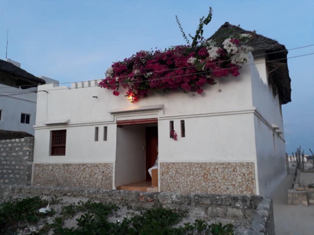 The exterior of a house is adorned with vibrant bougainvillea flowers, creating a striking visual against the white walls. A thatched roof complements the traditional design. The surrounding area features a garden with low greenery, enhancing the tranquil atmosphere.