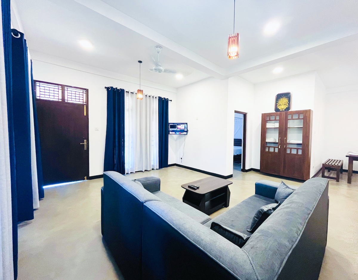 A spacious living area features a comfortable dark couch facing a mounted television. Light-colored walls are complemented by navy blue curtains. A wooden cabinet and a table are visible in the background, contributing to the room's functional design.