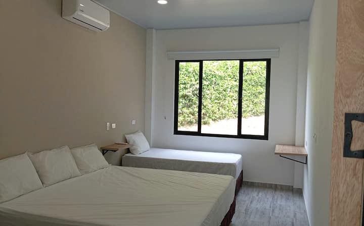 Cuenta con cama 2x2 m y 1x2 m, con capacidad para 3 a 4 personas. Baño privado con vestier, una ducha con jardín interno. Tiene aire acondicionado, mesa para trabajar, mesita con toma de energía para cargar dispositivos, gran ventana con blackout