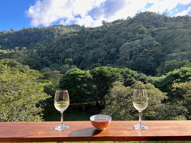 A wooden balcony railing is visible, holding two glasses of white wine and a decorative bowl. The backdrop features lush green hills dotted with trees, under a partly cloudy sky with soft sunlight illuminating the scene.