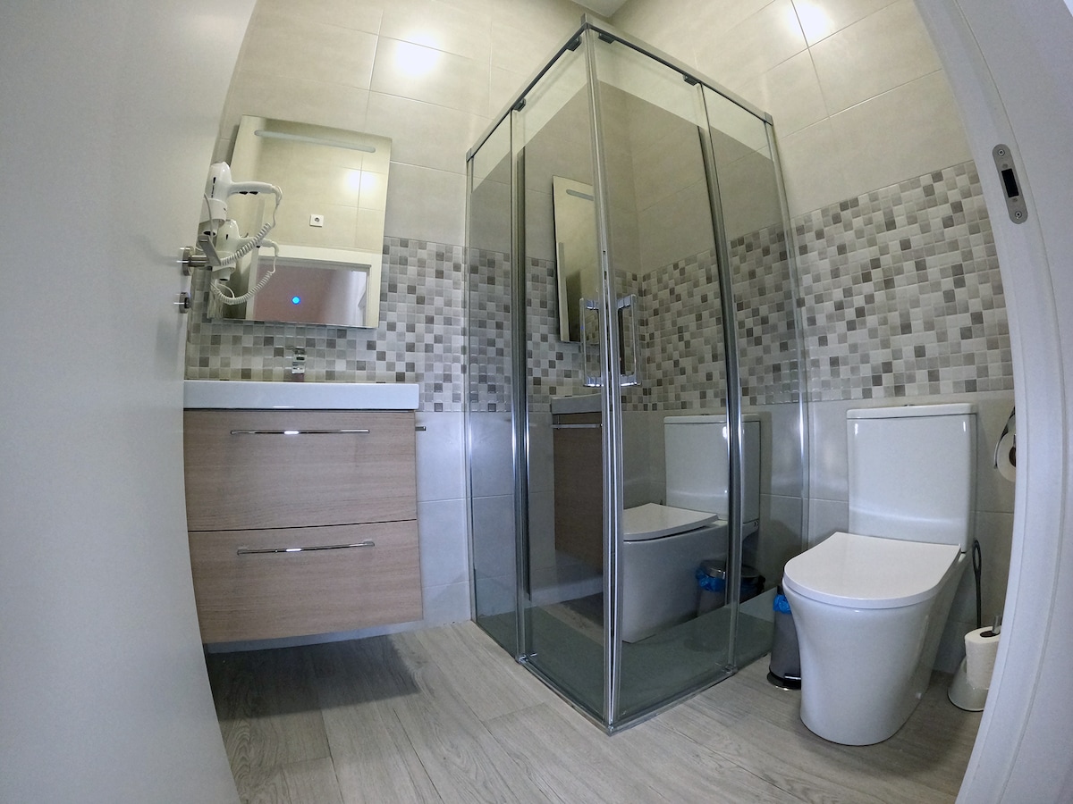 A modern bathroom is shown, featuring a glass shower enclosure next to a compact toilet. The vanity unit with wooden drawers provides storage. Mosaic tiles in neutral tones cover the walls, and a large mirror hangs above the sink, enhancing the room's functionality.