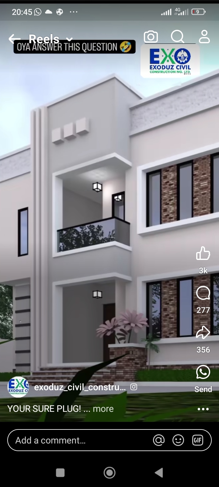 A modern facade features a two-story design with a covered balcony adorned by plants. The exterior showcases a combination of smooth and textured materials, including brick accents. Large windows allow natural light to illuminate the entryway, framed by minimalist lighting fixtures.