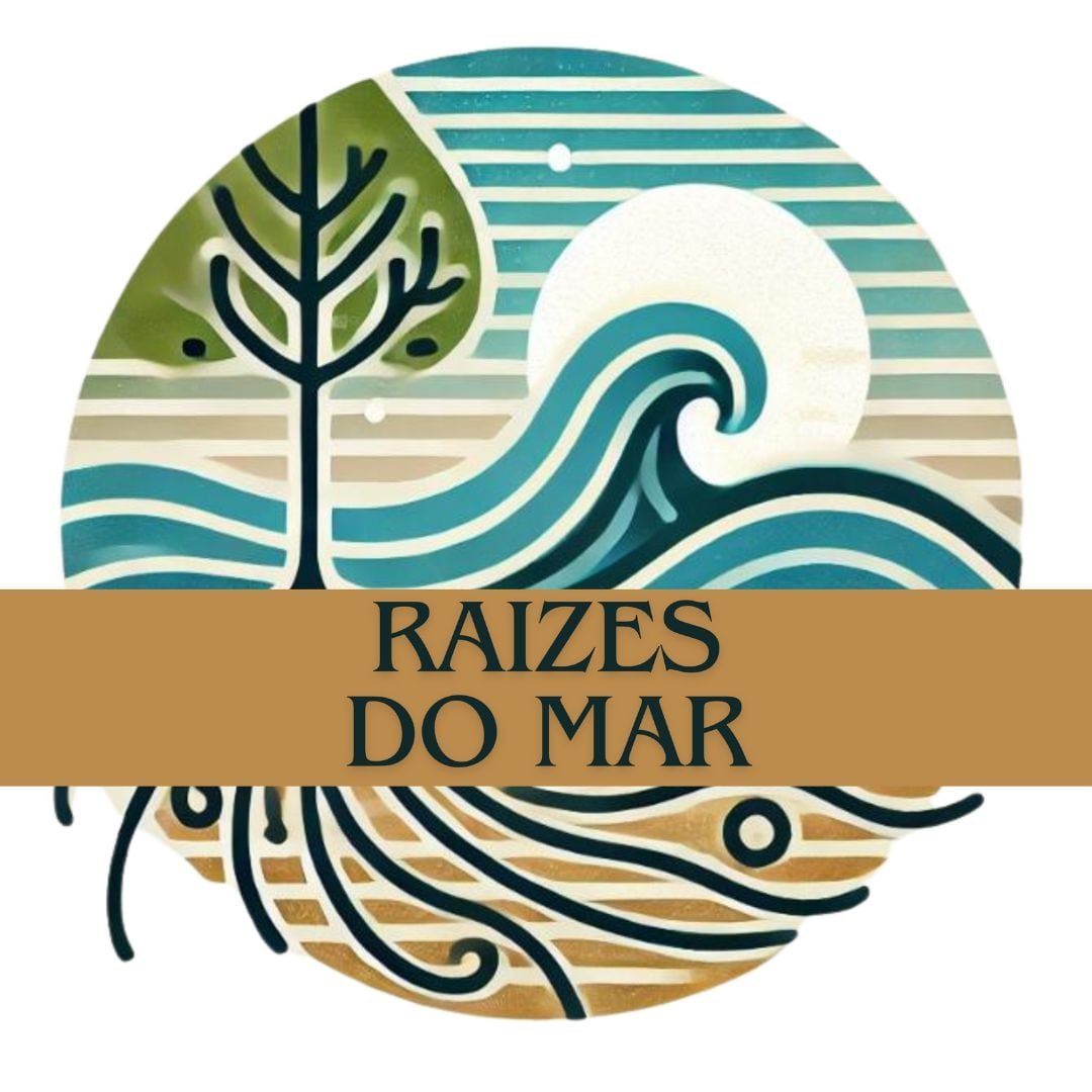 A circular illustration depicts stylized waves and a tree against a backdrop of a sun. The design uses a palette of blues, greens, and sandy tones, representing the harmony of nature and the ocean.