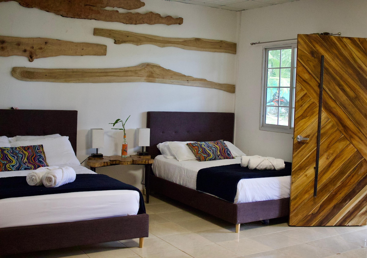 A bright sleeping area is furnished with two spacious beds, each topped with crisp white linens and colorful accent pillows. Natural wood features are present on the walls and the door, adding warmth to the overall design. A window offers natural light and a view of the outdoors.