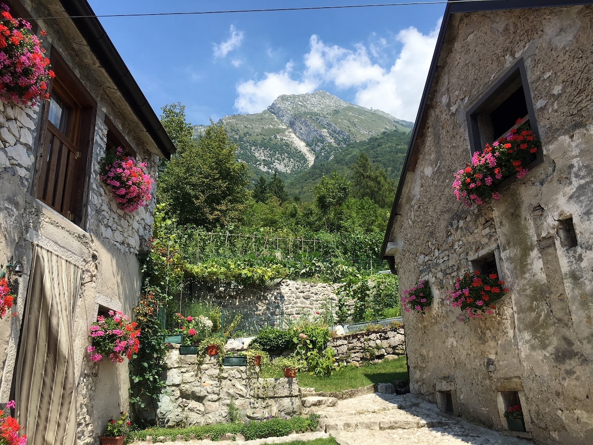 A scenic courtyard is framed by charming stone buildings adorned with vibrant flower boxes. Lush greenery and a trellis are visible in the background, with a stunning mountain peak rising against the blue sky, creating a picturesque and serene environment.
