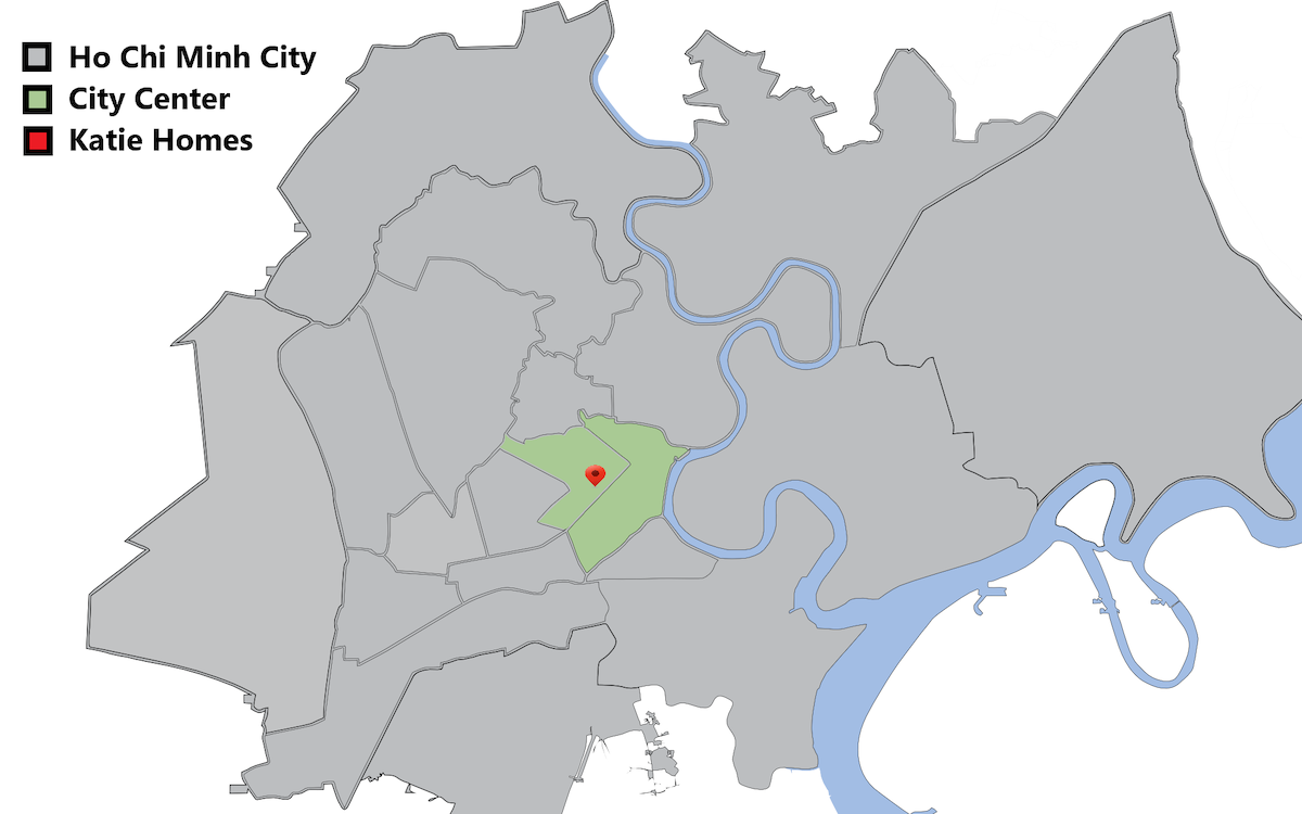 A map of Ho Chi Minh City is presented, highlighting the city center and the location of Katie Homes. The map is marked with clear differentiations in color, emphasizing the proximity of Katie Homes to key attractions within the city.