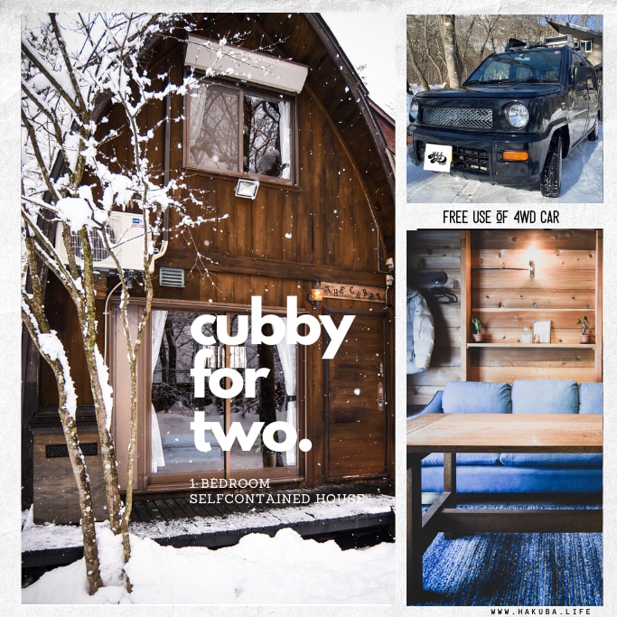 The exterior of the cottage features a charming wooden structure with a pointed roof, surrounded by fresh snow. A 4WD vehicle is parked nearby, and a cozy interior scene displays wooden accents and a simple dining table, enhancing the rustic appeal.