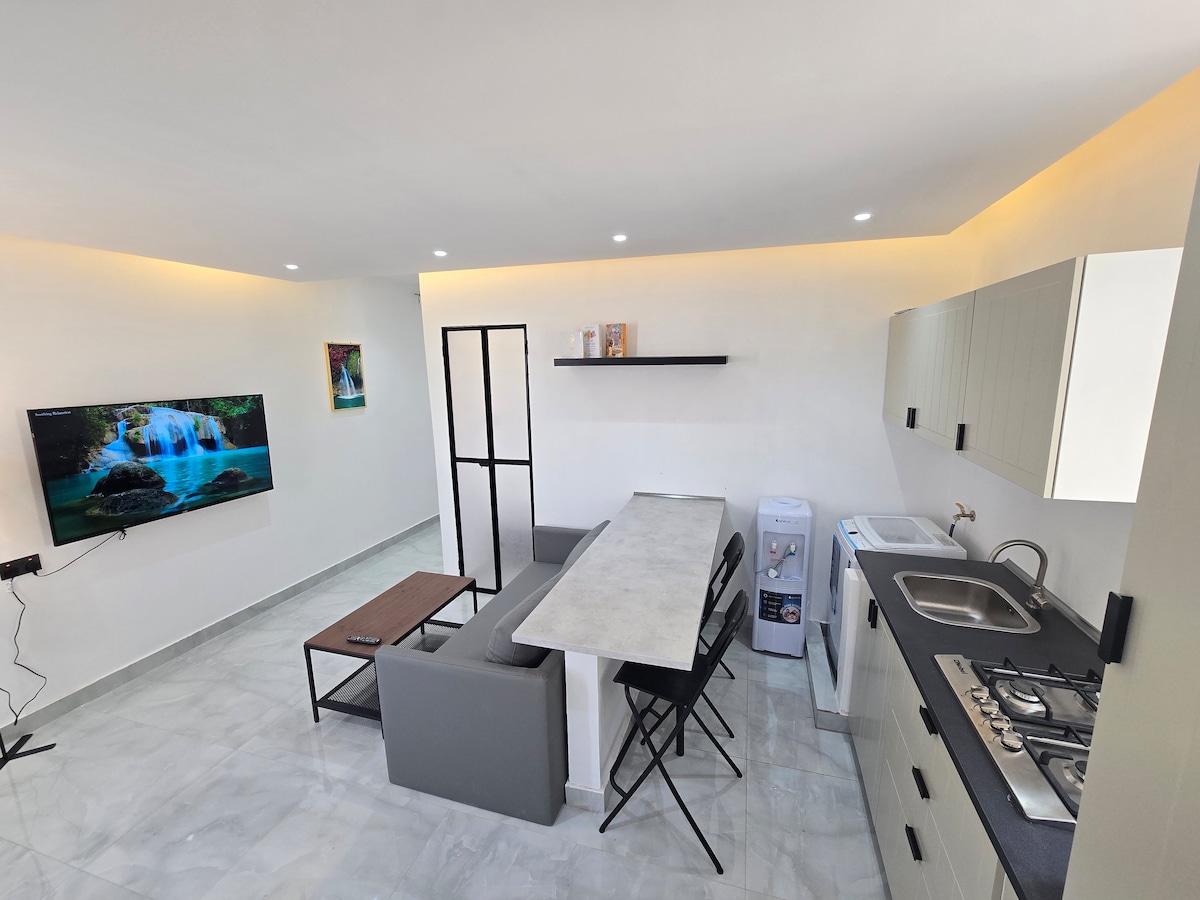 A light and airy living space features an open layout with a dining table and four chairs, a comfortable sofa, and a mounted television. The kitchen is equipped with a sleek countertop and modern appliances, enhancing functionality in the contemporary area.