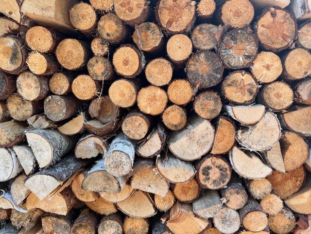 A neatly stacked pile of firewood is displayed, showcasing a variety of logs in different sizes and textures. The wood showcases a range of natural colors, from light beige to darker browns, providing a rustic touch.