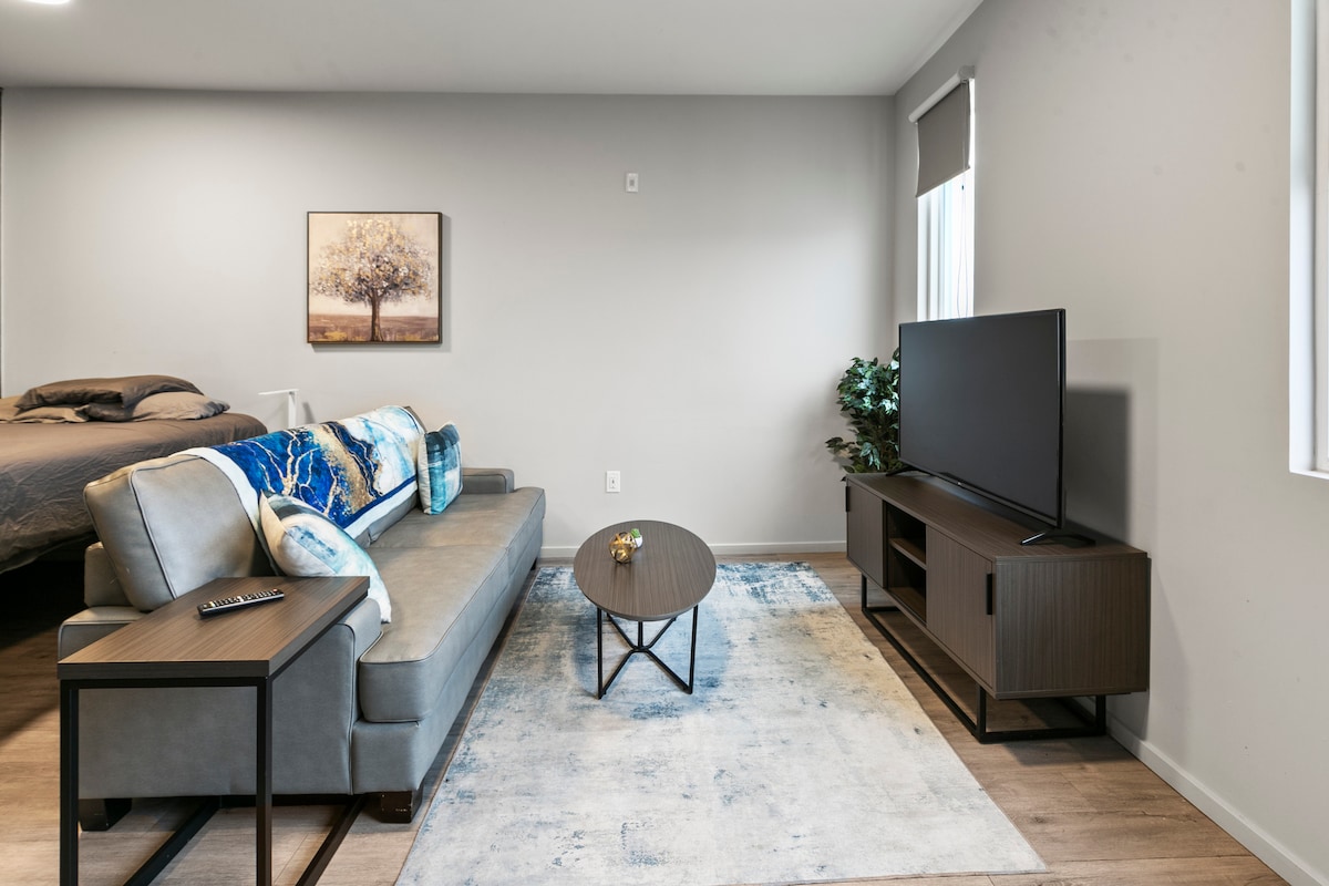 A modern living area is depicted, featuring a comfortable gray sofa adorned with colorful cushions. A low coffee table rests on a light area rug, and a 50” Smart TV is positioned on a dark wood media console. Natural light enters through the adjacent windows.