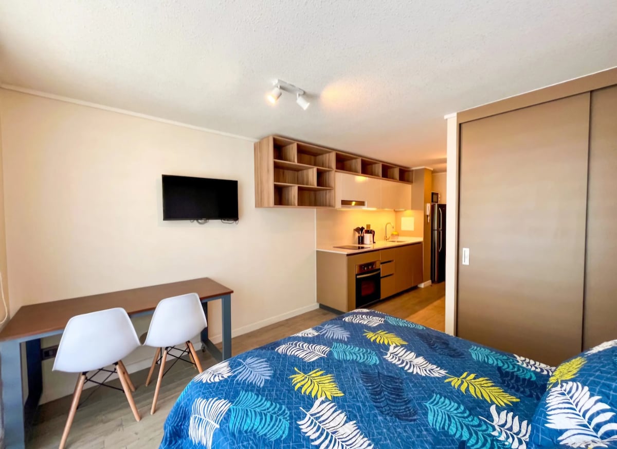 A functional studio layout is displayed, featuring a spacious bed with patterned bedding. A kitchen area is visible with modern appliances, alongside a desk with two chairs. The room is illuminated by natural light and includes a wall-mounted television.