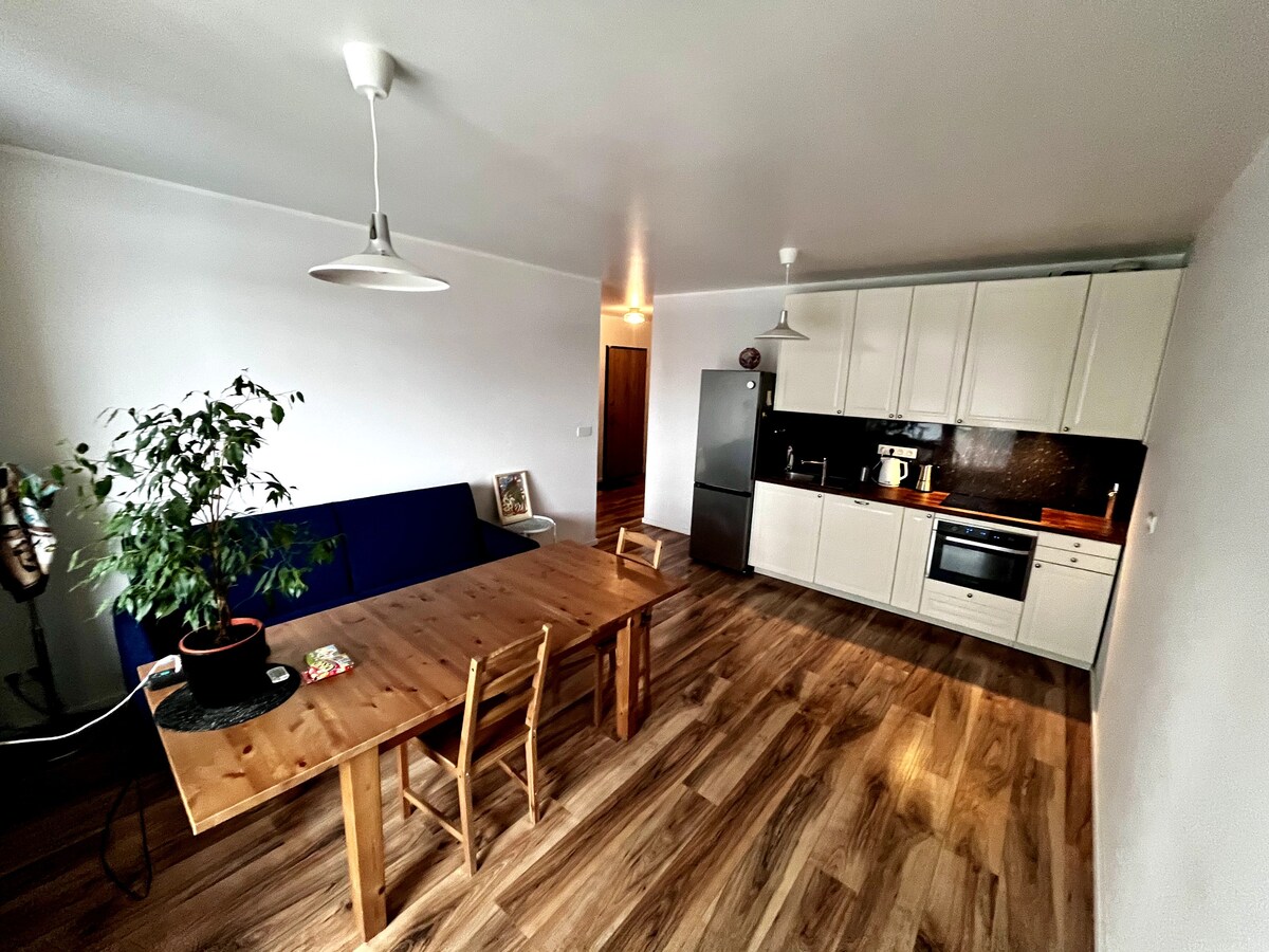 A spacious living area features a wooden dining table with six chairs, a sofa, and a potted plant. The kitchen area is equipped with modern appliances, including a refrigerator and stove, all set against light-colored cabinetry and dark countertops. Natural light fills the space, enhancing its openness.
