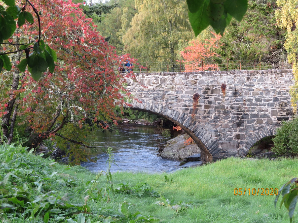 An arched stone bridge spans a gently flowing river, surrounded by greenery and colorful autumn foliage. Red and orange leaves from nearby trees contrast with the stone structure, creating a serene scene that reflects the natural beauty of the landscape.