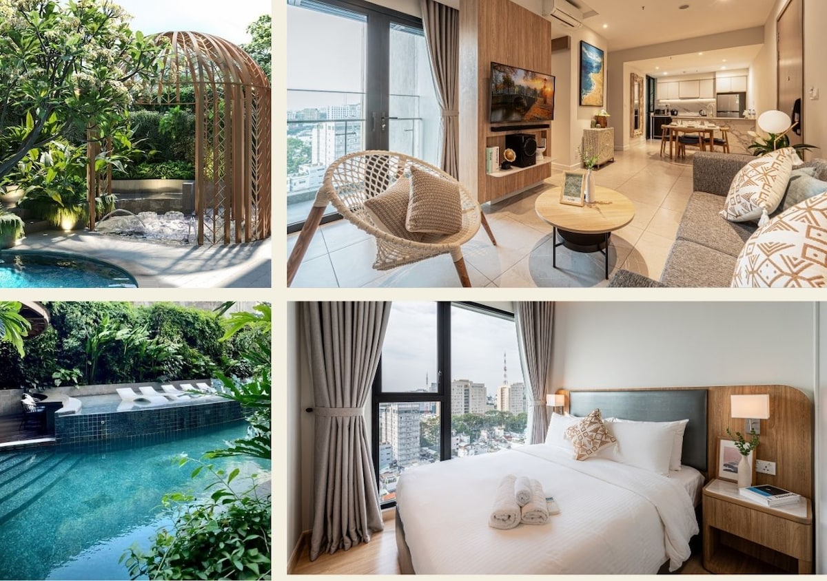 A serene pool area is surrounded by lush greenery, featuring a stylish gazebo. An inviting living space showcases modern furnishings, including a comfortable sofa and sleek coffee table, with natural light streaming through large windows. A cozy bedroom features a spacious bed adorned with fresh towels.
