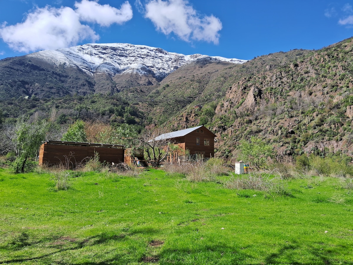 A wooden house is positioned in a spacious green area, surrounded by lush grass. Snow-capped mountains rise in the background, under a bright blue sky with scattered clouds. The setting offers a natural and serene environment.