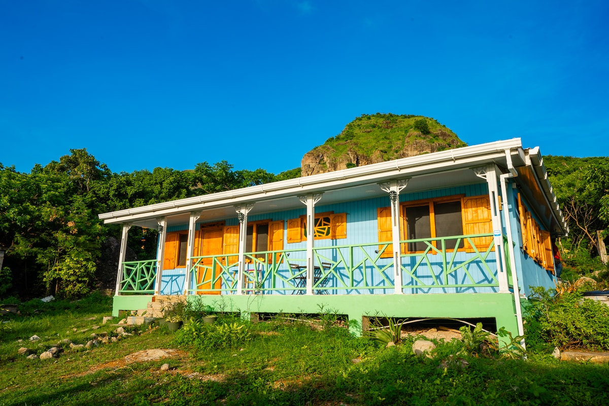 A colorful house is surrounded by lush greenery against a clear blue sky. The structure features a bright exterior with decorative wooden accents and multiple windows, inviting natural light into the interior. A landscaped garden area is visible in the foreground.