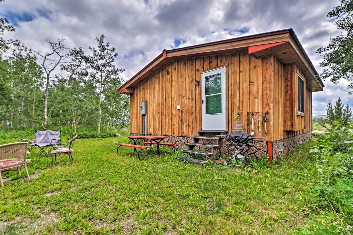 The exterior of the cabin features a wooden façade with a sloped roof and a welcoming front door. An outdoor seating area is visible, including chairs and a picnic table on a grassy landscape, surrounded by trees and open space.