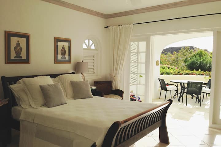 Master bedroom with French doors leading to the private plunge pool and private garden with BBQ and seating area.