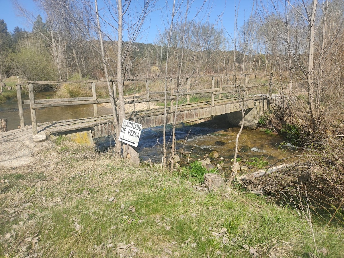 A simple wooden bridge spans over a clear, flowing river, surrounded by a lush landscape. Vegetation grows along the water's edge and a fishing sign is prominently displayed beside the bridge, offering a hint of recreational opportunities in the serene natural setting.