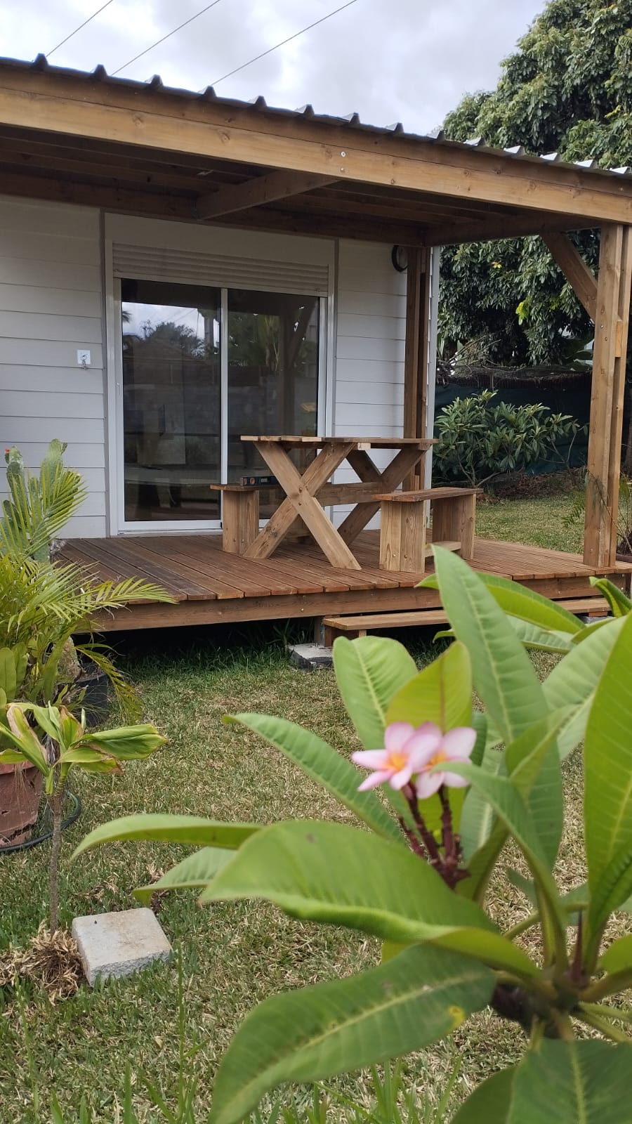 A wooden terrace extends from the cabin, featuring a rustic dining table and benches. Lush greenery surrounds the area, with a flowering plant in the foreground, adding a touch of color. Large glass doors provide access to the interior space.