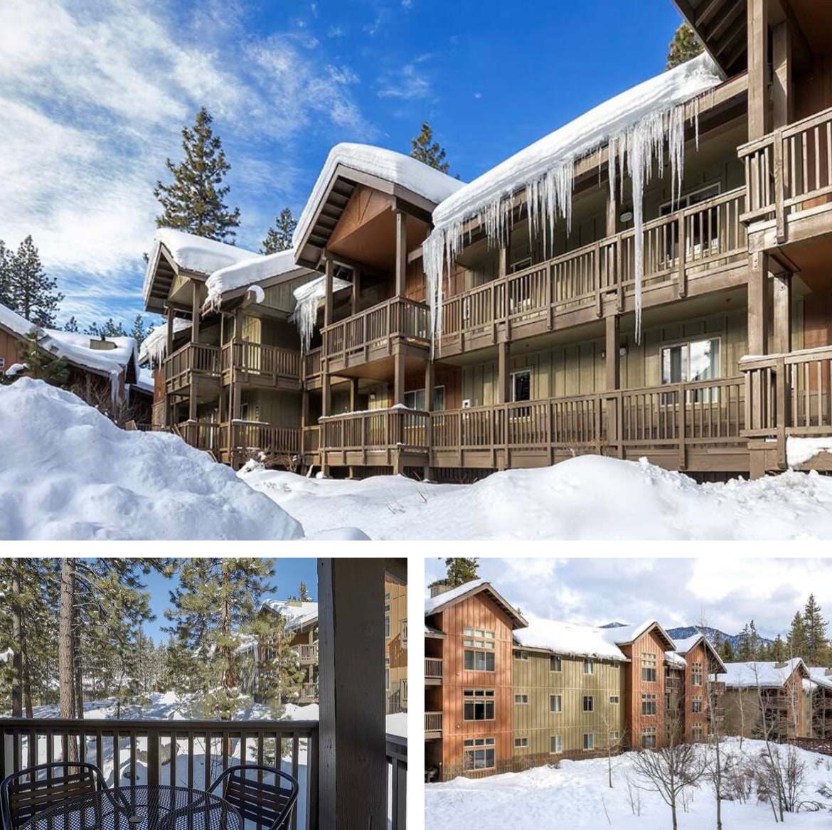 A winter scene depicts a multi-story building covered in snow, featuring balconies with wooden railings. Icicles hang from the roof. Surrounding trees add to the serene atmosphere, and a small outdoor seating area is visible with several chairs positioned on a balcony.