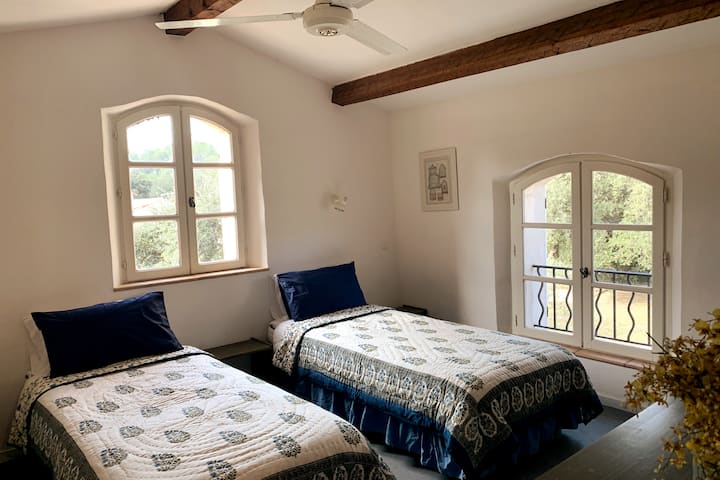 Ორადგილიანი ოთახი ჭერის ვენტილატორითა და ფლიგელით