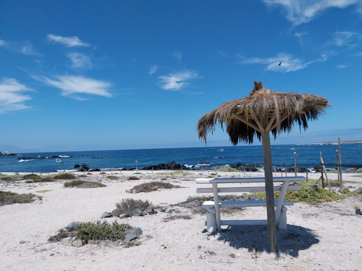 A shaded gazebo with a thatched roof stands on a sandy beach, overlooking the blue ocean. The serene water reflects the clear sky, while small boats can be seen in the distance. Coastal vegetation is visible surrounding the gazebo.