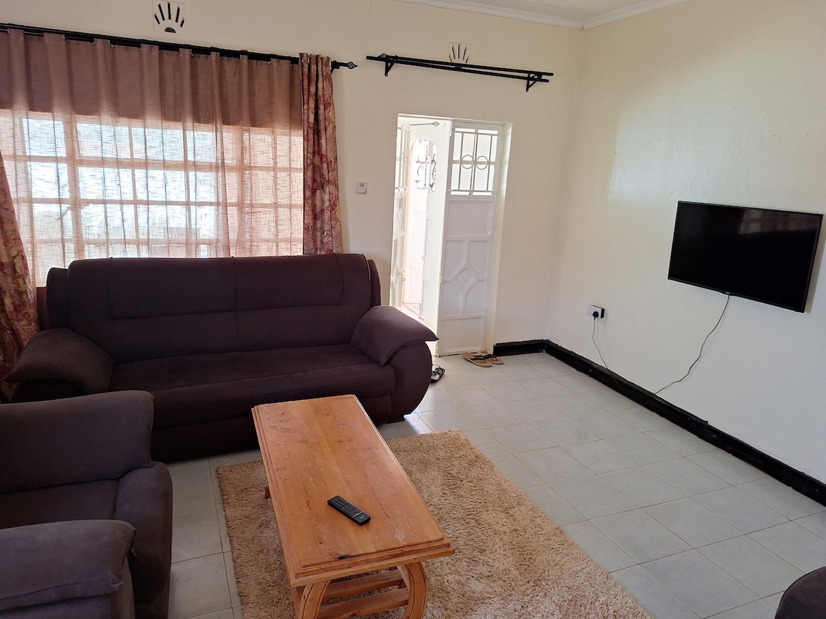 A cozy living area is presented, featuring a comfortable dark sofa and a matching armchair. A wooden coffee table rests on a soft area rug, while a flat-screen television is mounted on the wall. Natural light filters through sheer curtains, illuminating the space.