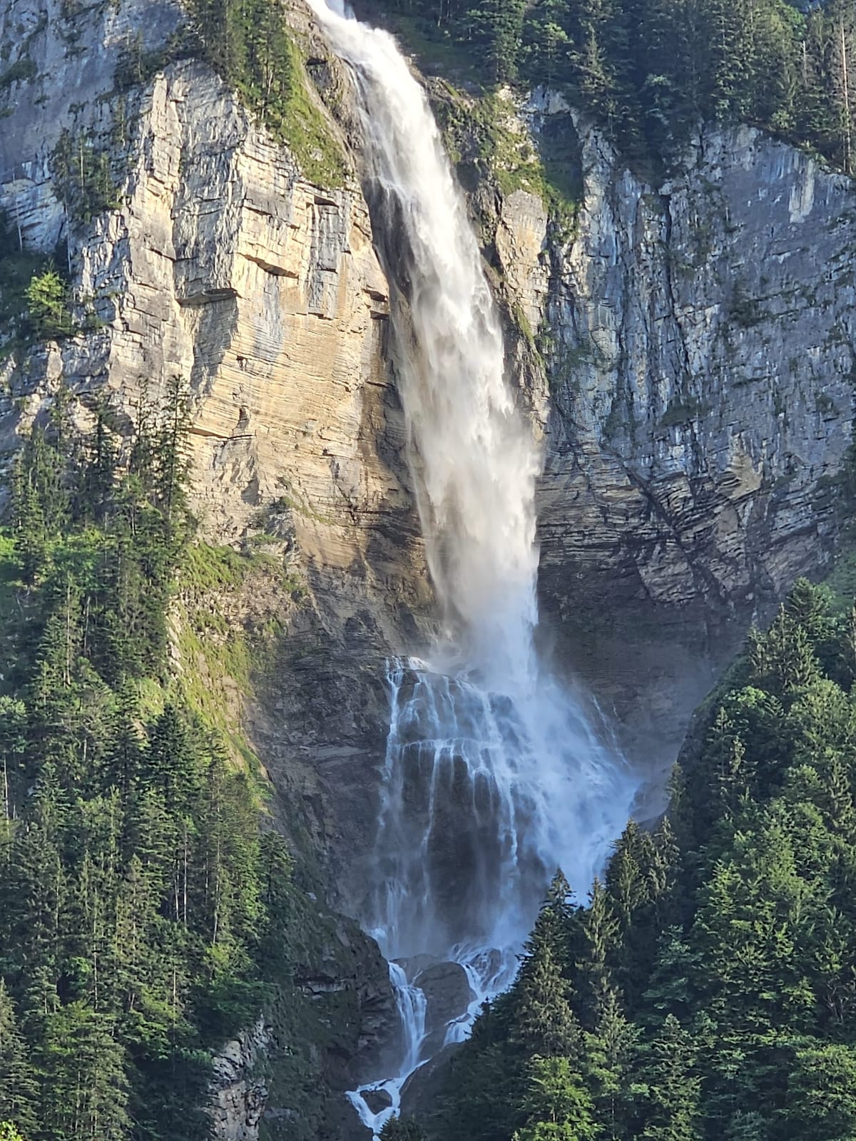 A tall waterfall cascades down a rugged rock face, surrounded by dense evergreen trees. The water creates a mist at its base, reflecting the sunlight. The surrounding vegetation adds depth to the natural landscape, emphasizing the height and power of the falling water.