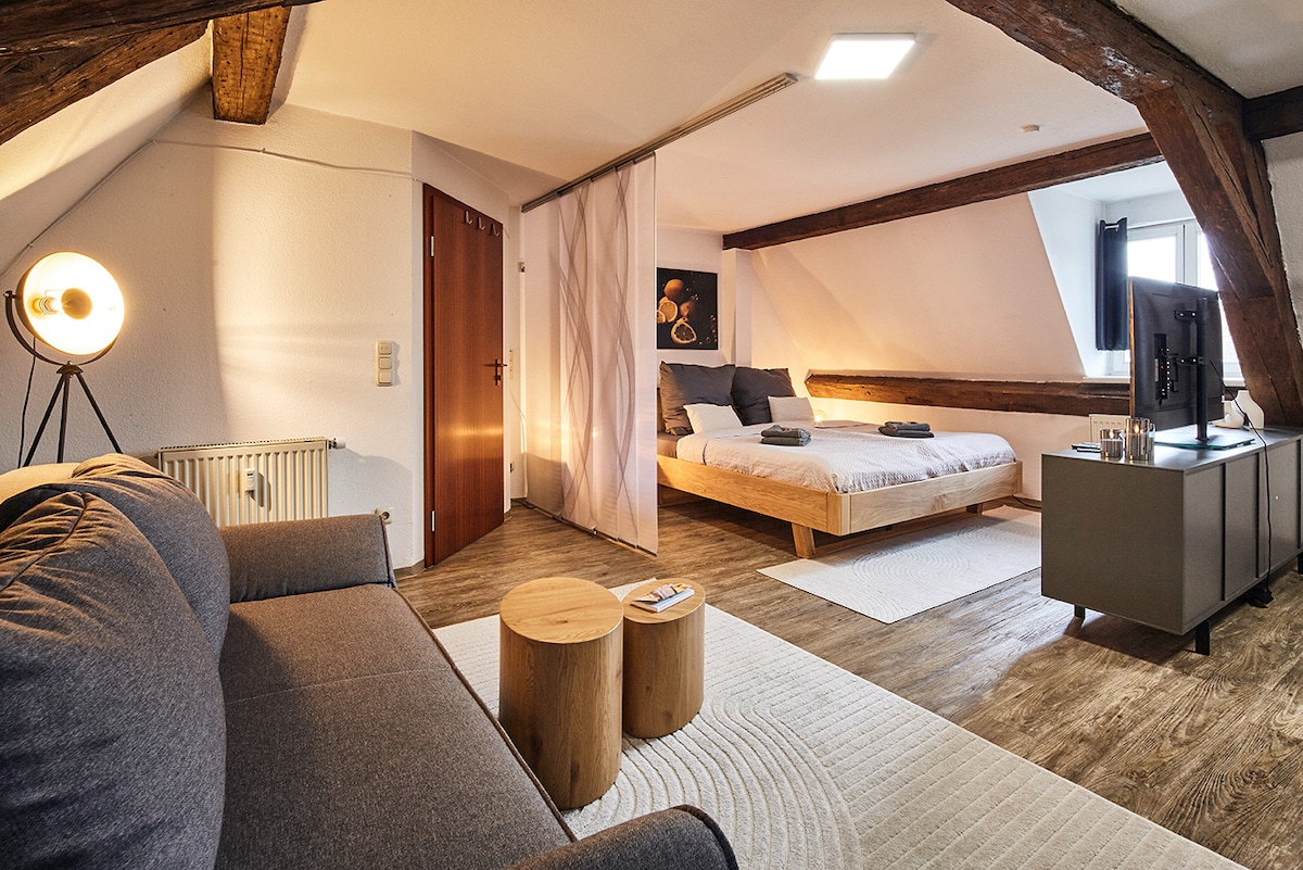 A spacious apartment features a cozy sleeping area with a large bed and a separate sitting area that includes a comfortable couch. Natural light is streamed in through a window, and wooden beams add character to the ceiling. A flat-screen TV is mounted on the wall.