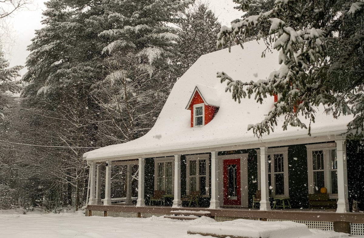 A charming home is nestled in a snowy landscape, displaying a large covered porch that invites relaxation. The sloped roof is blanketed in snow, while the surrounding evergreen trees add to the winter scenery. Soft snowflakes are seen falling gently.