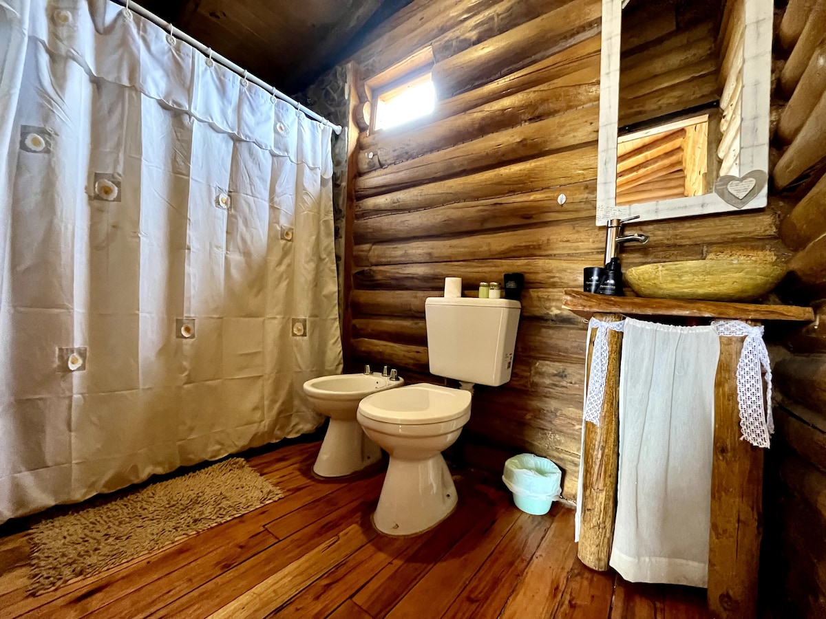 A rustic bathroom is showcased with wooden log walls and a natural wood sink. Two white toilets sit side by side, and a light-colored shower curtain hangs from a rod. A small rug is positioned on the wooden floor, contributing to the cabin's serene atmosphere.