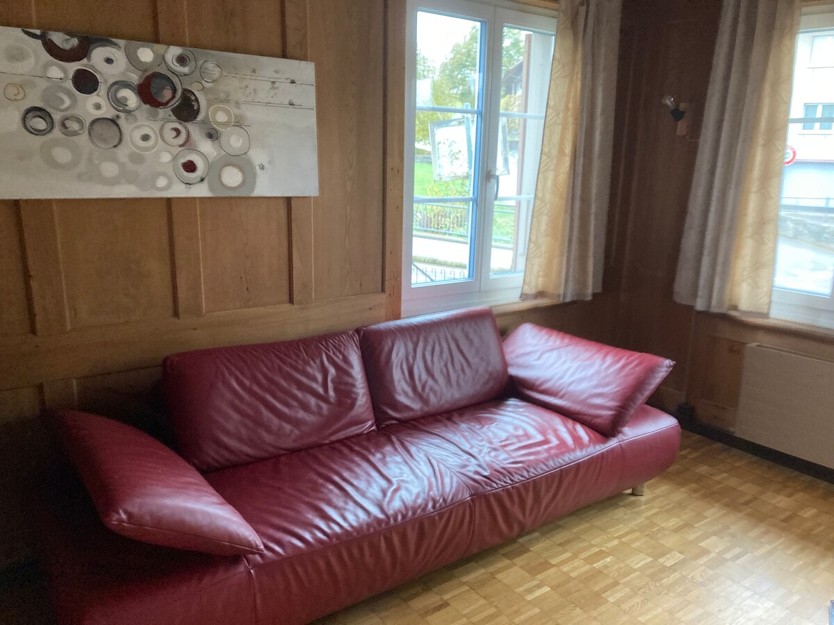 A red leather sofa is positioned in a room with wooden paneling. Two large windows allow natural light to enter, framed by light-colored curtains. A piece of abstract wall art is displayed above the sofa, adding a focal point to the space.