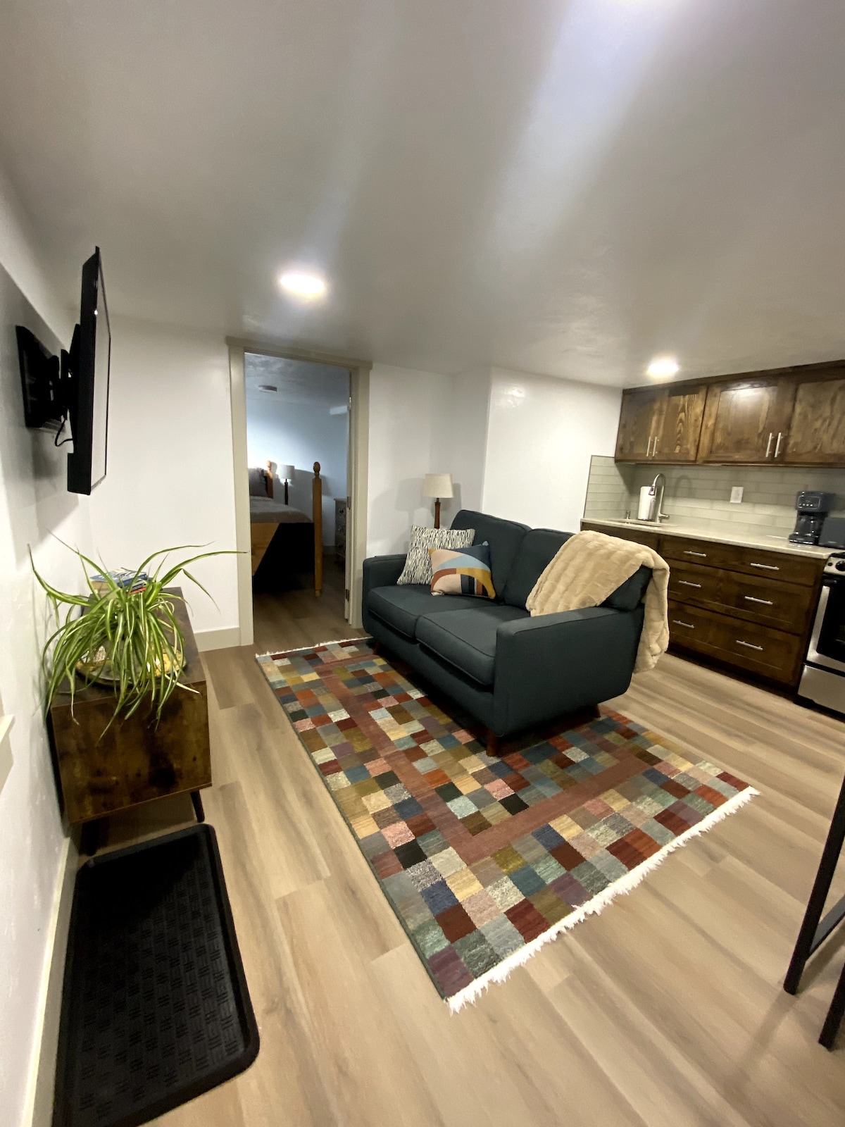 A cozy living area features a dark sofa adorned with decorative pillows. A colorful rug adds vibrancy to the space, while a small plant sits next to the television mounted on the wall. The room is well-lit, providing a welcoming atmosphere for relaxation.