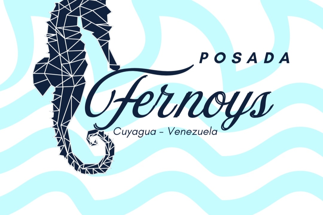 The image features a stylish logo for Posada Fernoys, displaying a geometric seahorse design. The background is a light blue with wave patterns, paired with elegant typography indicating the location, Cuyagua, Venezuela.